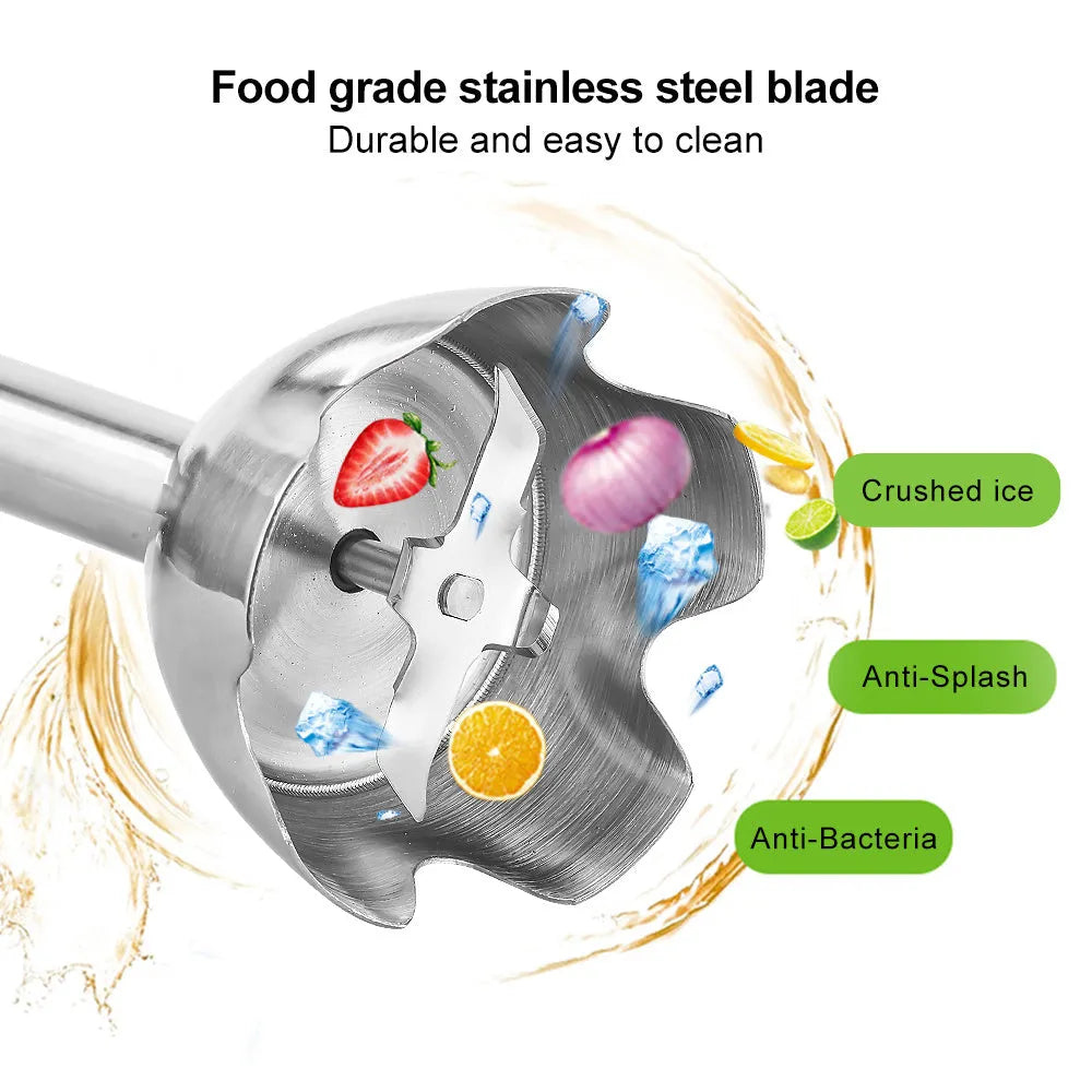Silver Biolomix hand blender kit with motor unit, stainless steel shaft, whisk, chopper bowl, and blending beaker.