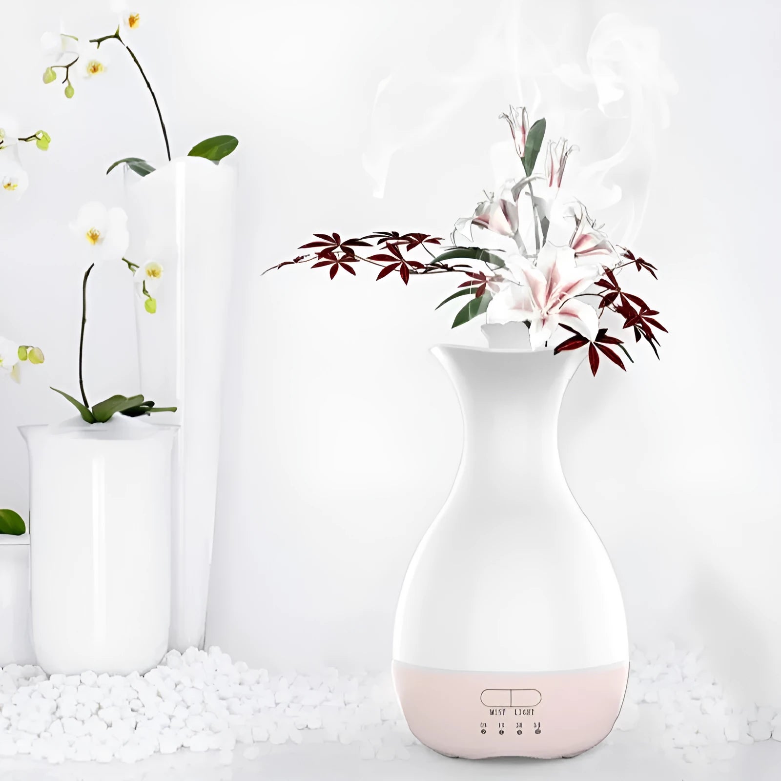 Pink and white ultrasonic aromatherapy humidifier with colourful LED night light and 200ml water tank