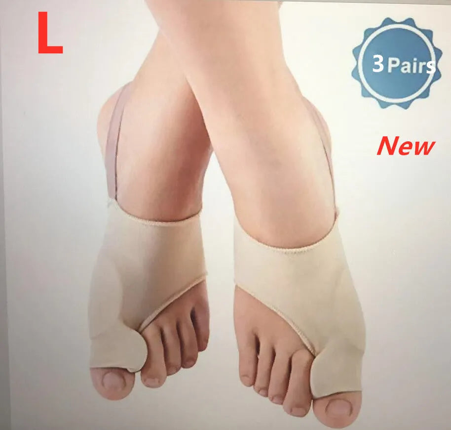Corrective bunion relief socks with silicone gel toe separator in small, medium, and large sizes.