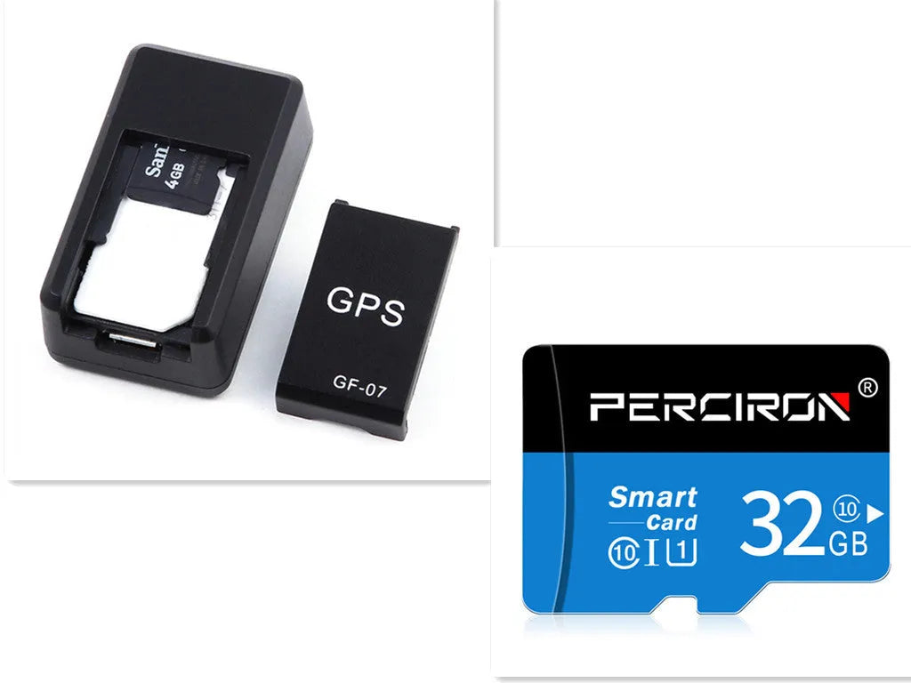 Small black magnetic GPS tracker device next to a USB charging cable on a table.