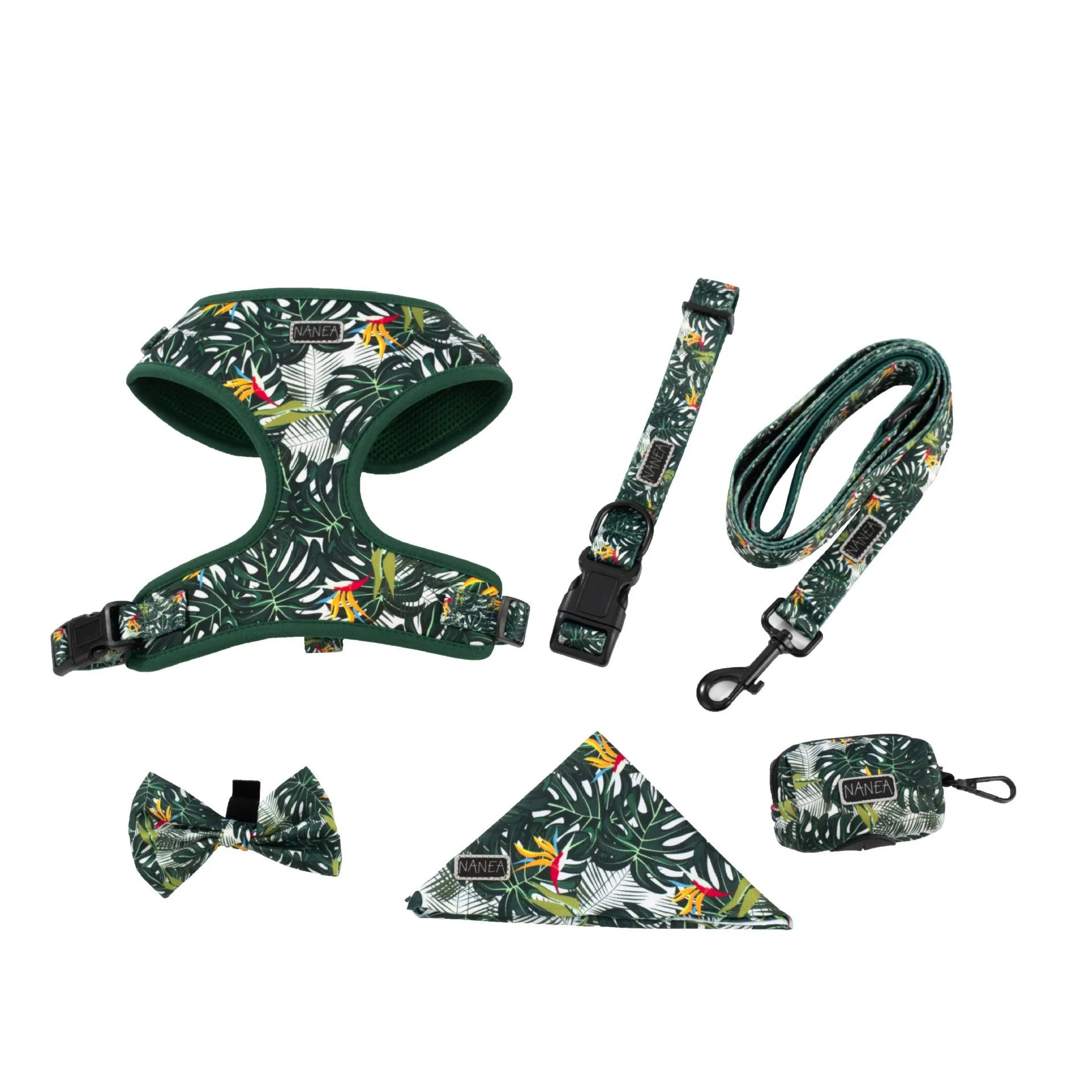 Six-piece adjustable cloth dog harness set with collar, lead, waste bag, bow, and triangular scarf.
