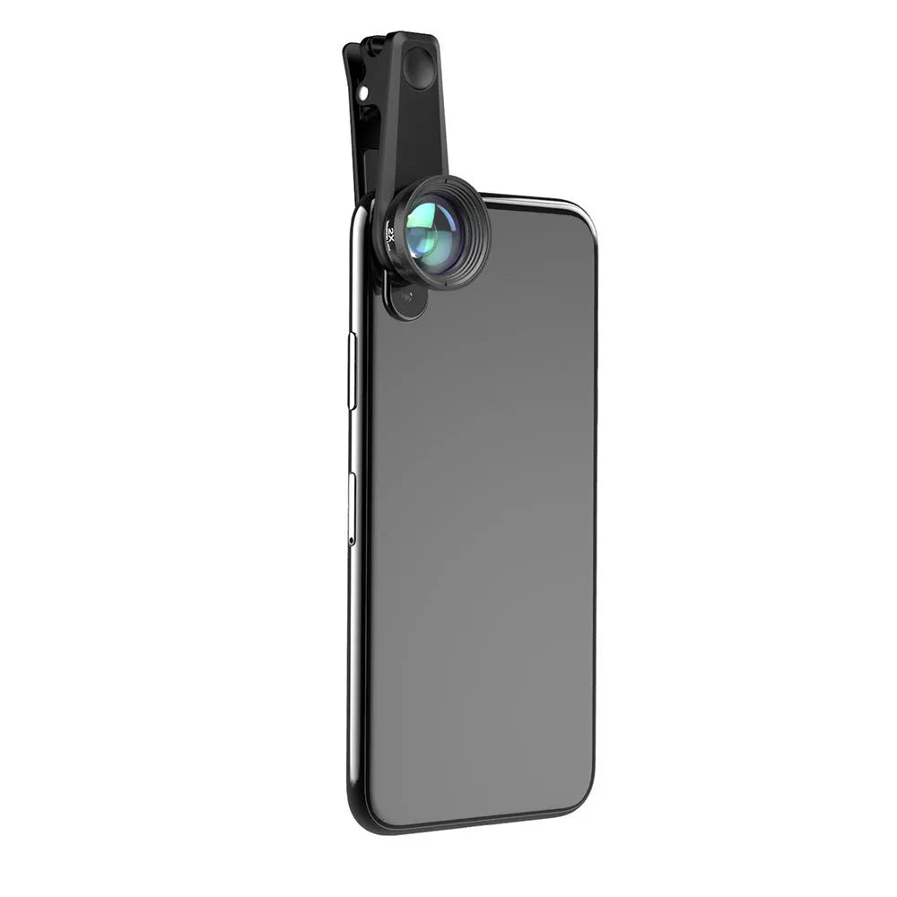 Black 6-in-1 universal smartphone camera lens kit with fisheye, wide-angle, macro, telephoto, CPL, and star filter lenses on a table.