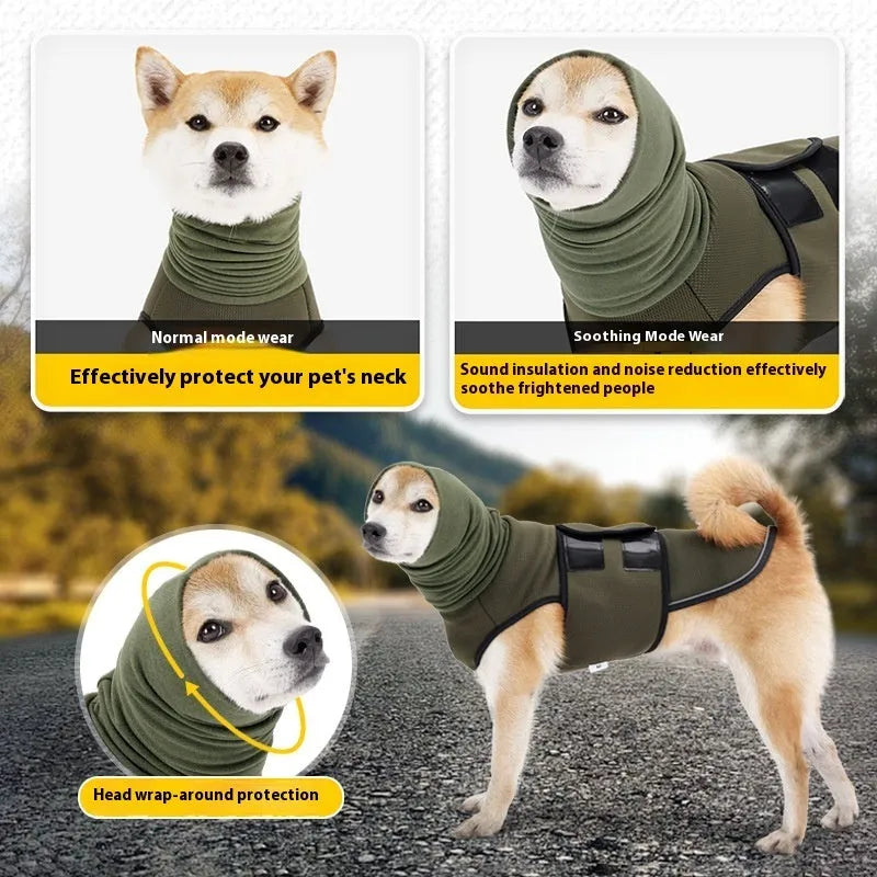 Dog wearing army green anti-anxiety jacket for calming pressure during stressful situations