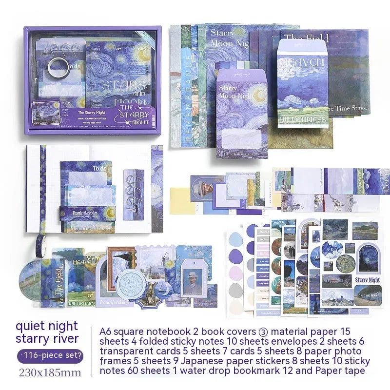 A6 retro style plaid creative journal gift box set with notebook, bookclothes, cards, photo frames, stickers, and paper tape.