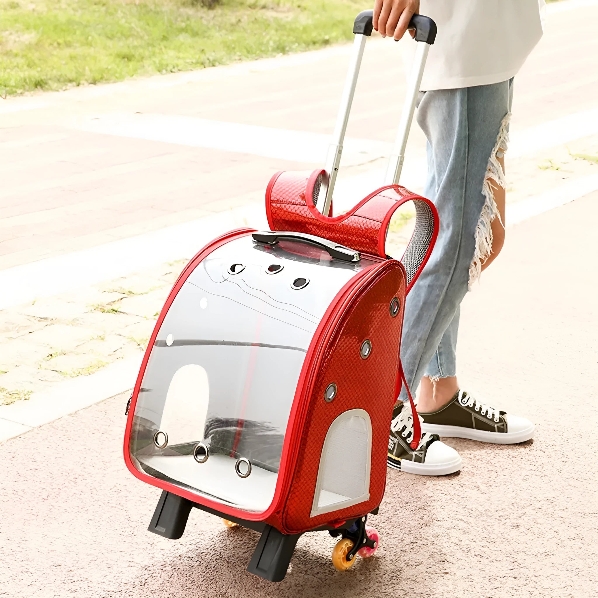 Transparent pet trolley diaper bag with folding shoulder design in blue colour