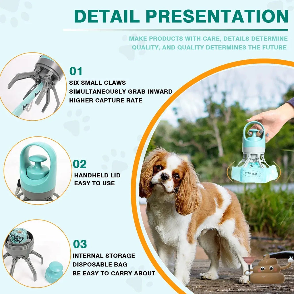 Blue and orange pet pooper scooper with retractable claw and built-in bag dispenser for outdoor dog waste collection