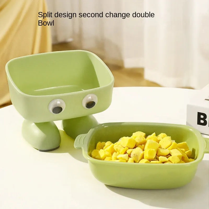 Elevated cat bowl with robot shape, 15° tilt angle, and anti-slip base for pet feeding