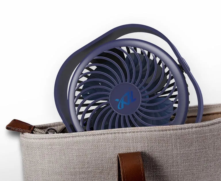 USB charging desk fan with alarm clock in blue, showing 360-degree rotation.