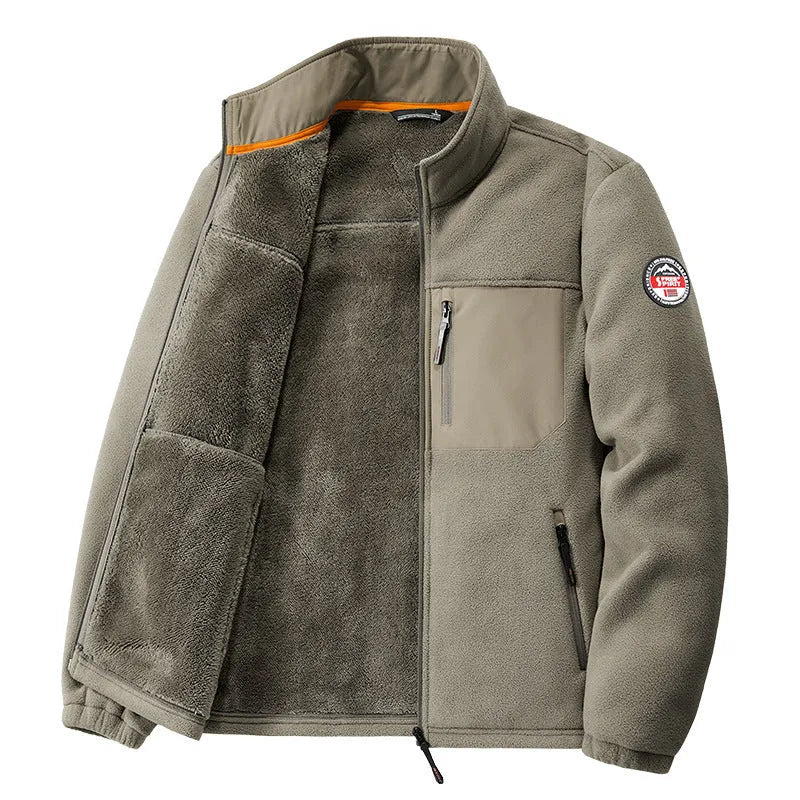 Men's grey thickened spandex fleece cardigan jacket with zipper pockets shown on a hanger