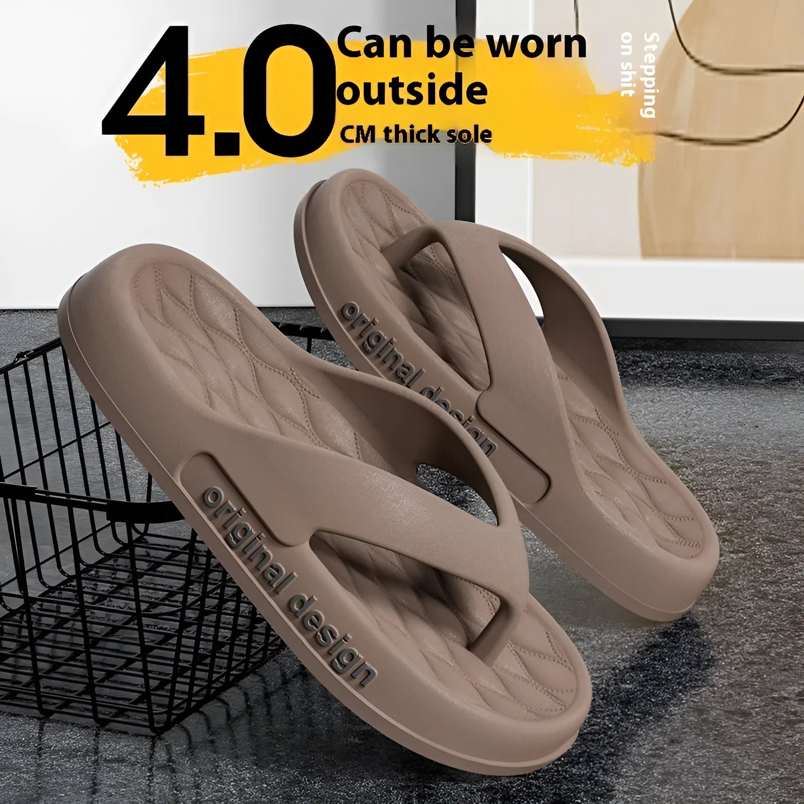 Men's EVA flip flops in multiple colours on a beach background.