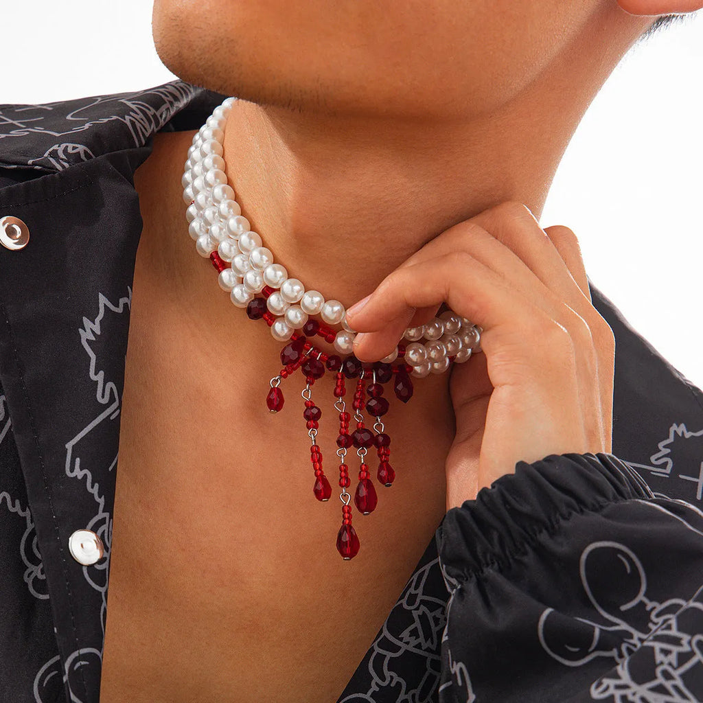 Men's Halloween necklace with blood drop crystal pendants, pearl beads, and tassel on adjustable chain