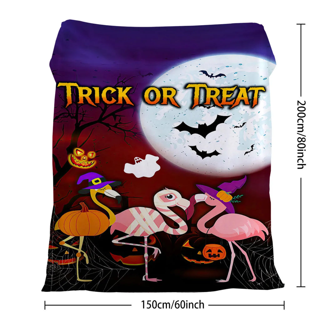 Purple flannel velvet blanket with Halloween flamingo print, hemmed edges, available in 75x100cm and 130x150cm
