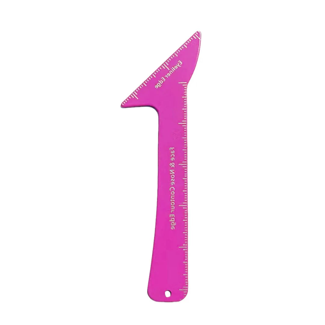 Close-up of reusable plastic 3-in-1 makeup stencil for eyeliner wings, eyebrow shaping, and nose contouring on a pink background.