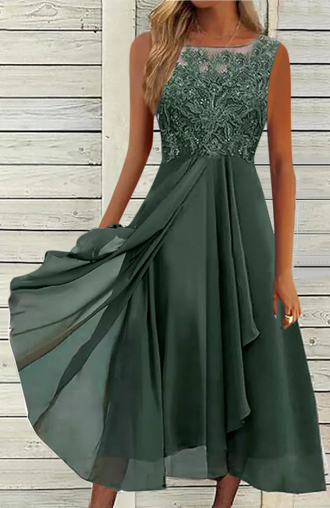 Women's sleeveless midi-length chiffon dress with lace hollow-out stitching in blue.