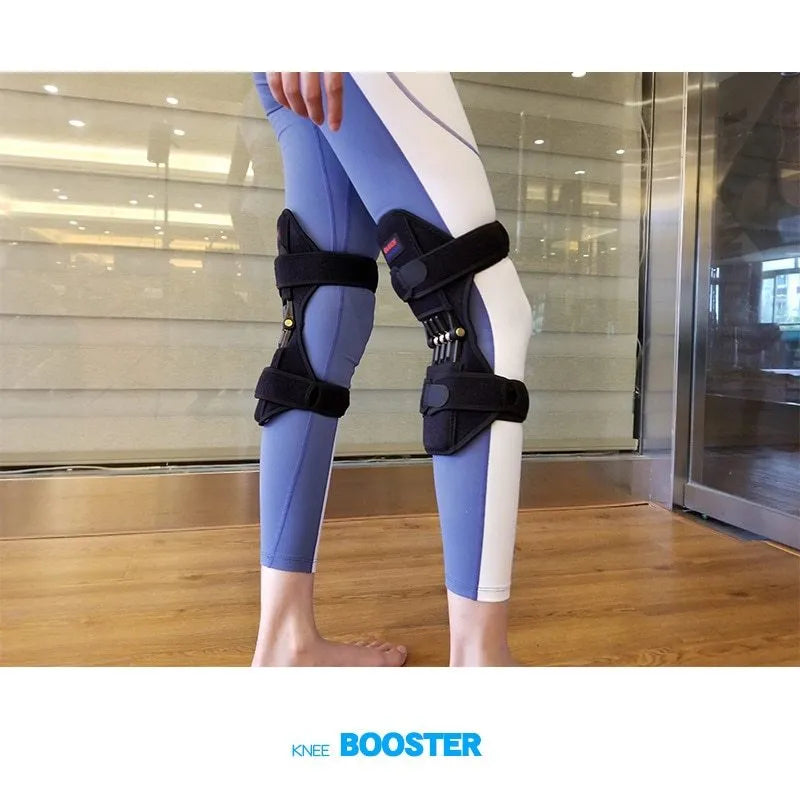 Adjustable spring knee brace support for mountaineering and sports, shown in black with breathable fabric.