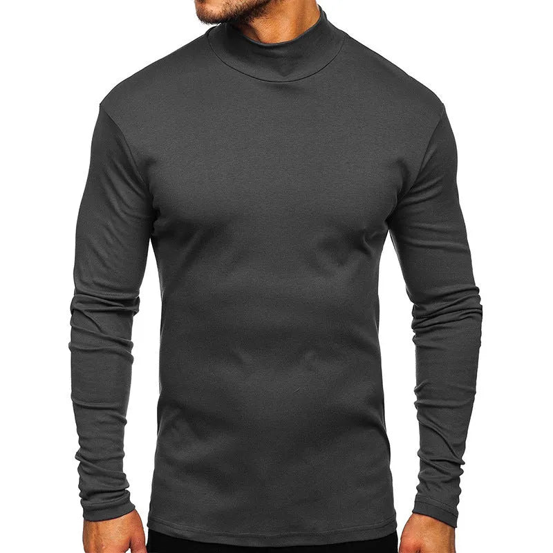 Men's autumn winter Dralon polyester high-neck long-sleeve pullover in solid colour, slim fit, US sizes S-2XL