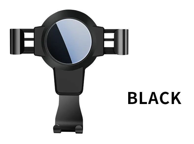 Black ABS gravity phone holder mounted on a car air vent with a mobile phone secured.