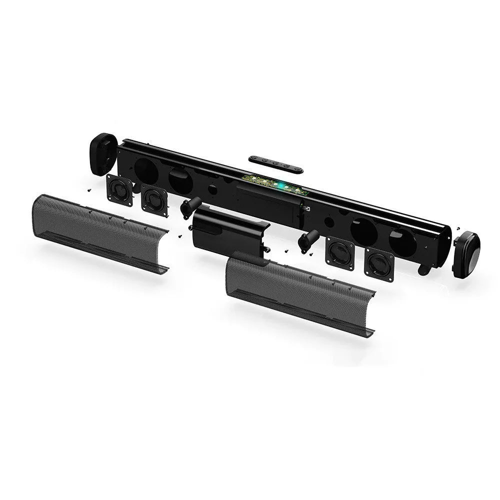 Black high-power Bluetooth sound bar speaker, 58.5cm long, with multiple control buttons and ports.