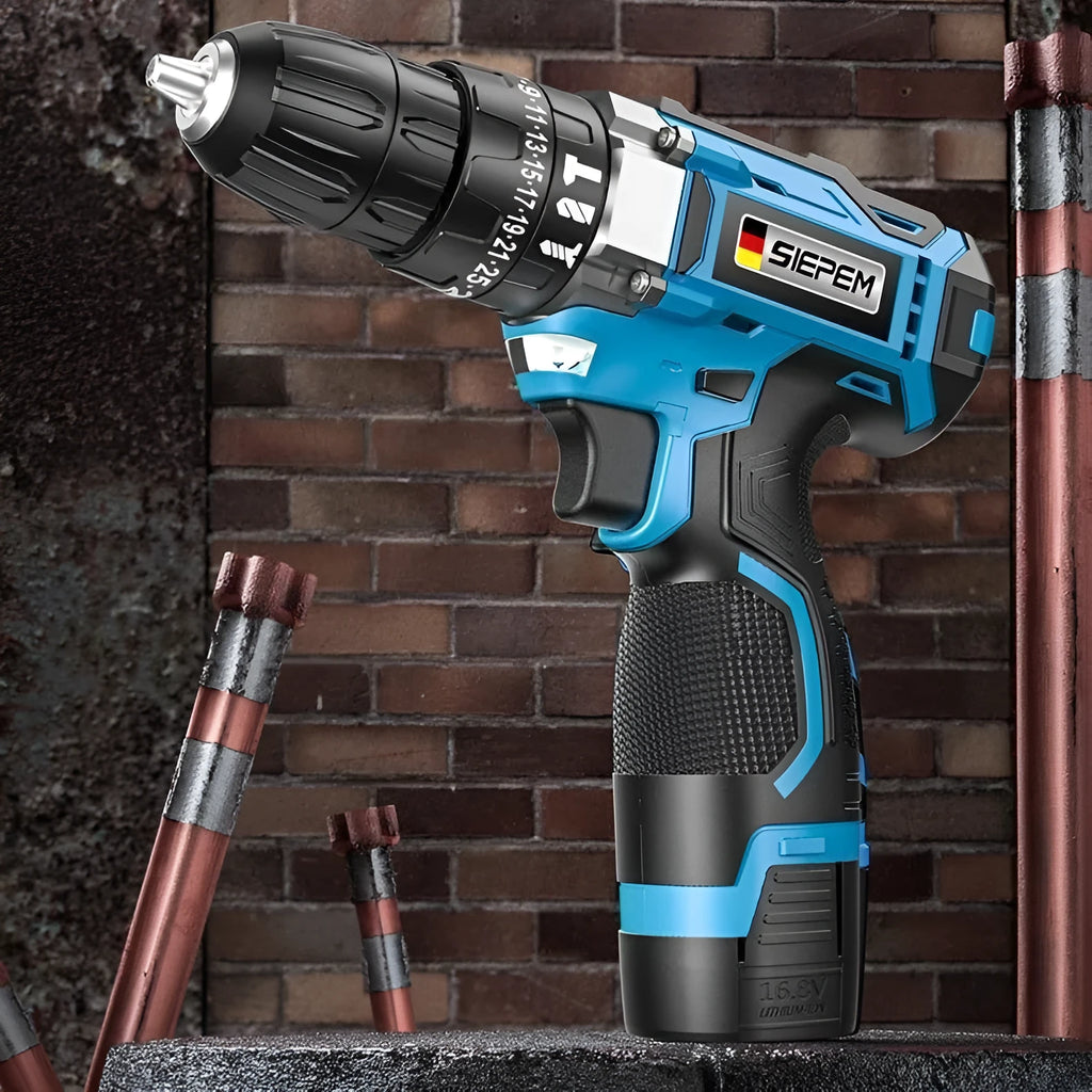 12V cordless impact pistol drill with dual-speed selector and included plastic storage box full of accessories.