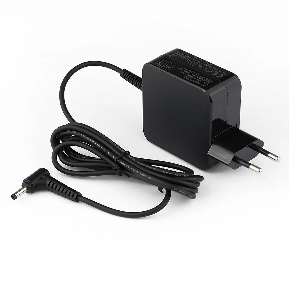 Black 45W laptop power adapter and cable with choice of US or EU plug, showing compact dimensions.