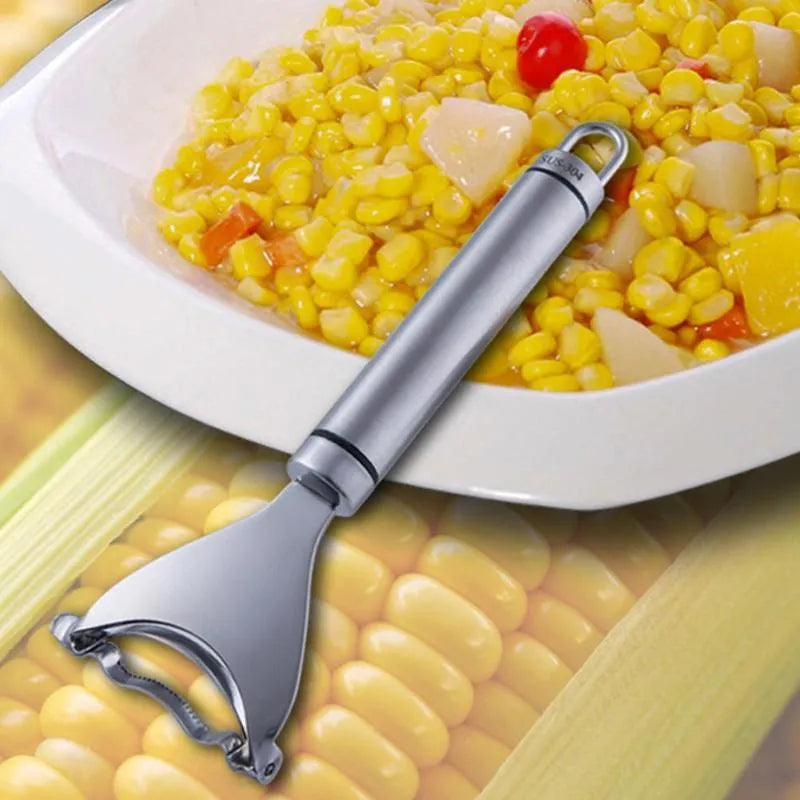 Stainless steel corn planer kitchen tool with serrated cutting edge for removing kernels