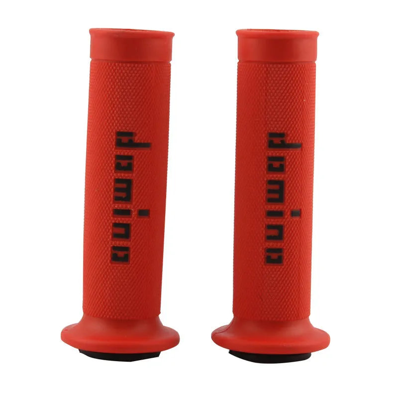 A pair of motorcycle handle gel grips in rubber, showing 22mm and 24mm size options and multiple colour choices.