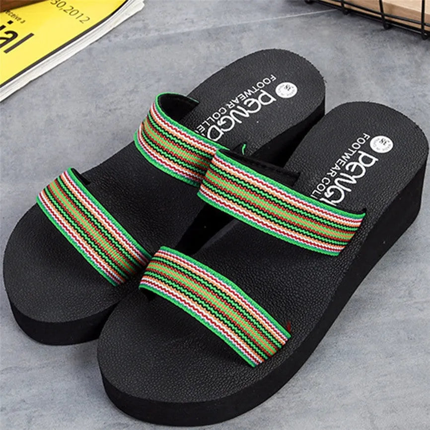 Brown women's bohemian slide slippers with elastic strap and raised heel.
