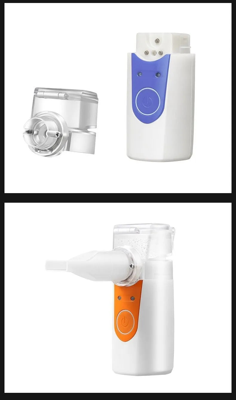 White columnar handheld USB nebuliser spray machine on a table with data cable.