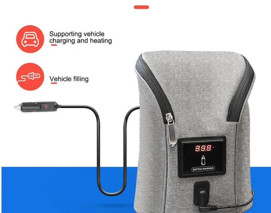 Grey Oxford cloth portable car USB baby bottle warmer with display, shown with two bottles and a 12V car charger.