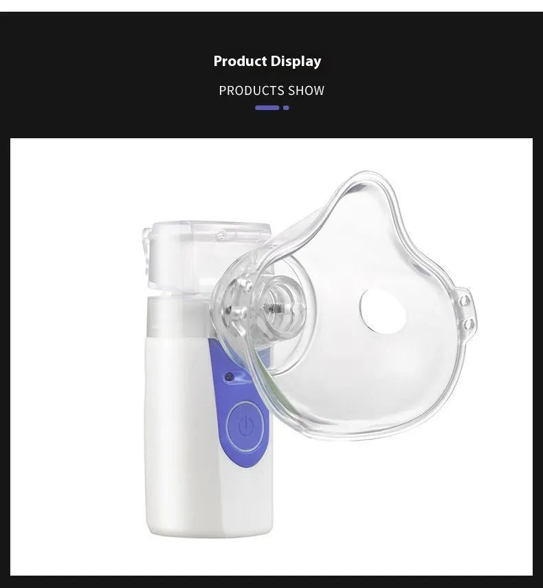 White columnar handheld USB nebuliser spray machine on a table with data cable.