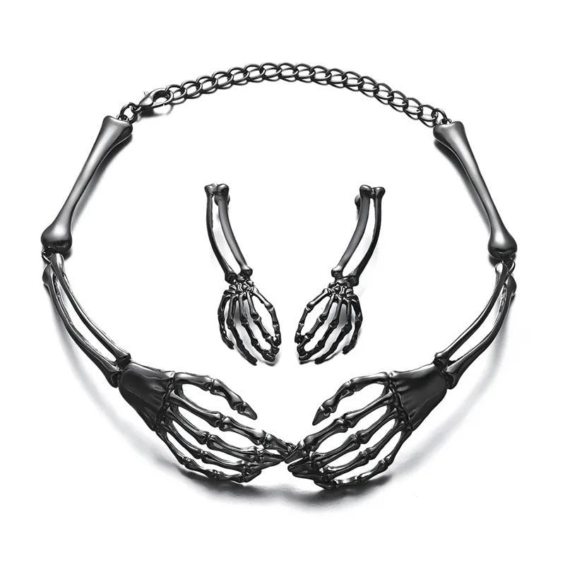 Dark style skull and ghost hand necklace and earrings set in silver or black electroplated alloy with 41-50cm chain