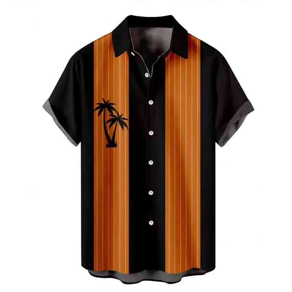 Man wearing a short-sleeved Hawaiian shirt with colourful 3D printed patterns.