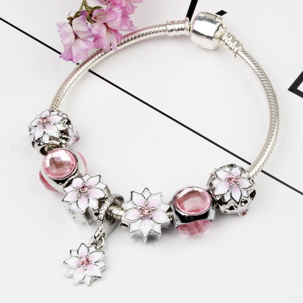 Magnolia flower alloy bracelet, unisex, available in 18cm, 19cm and 20cm sizes