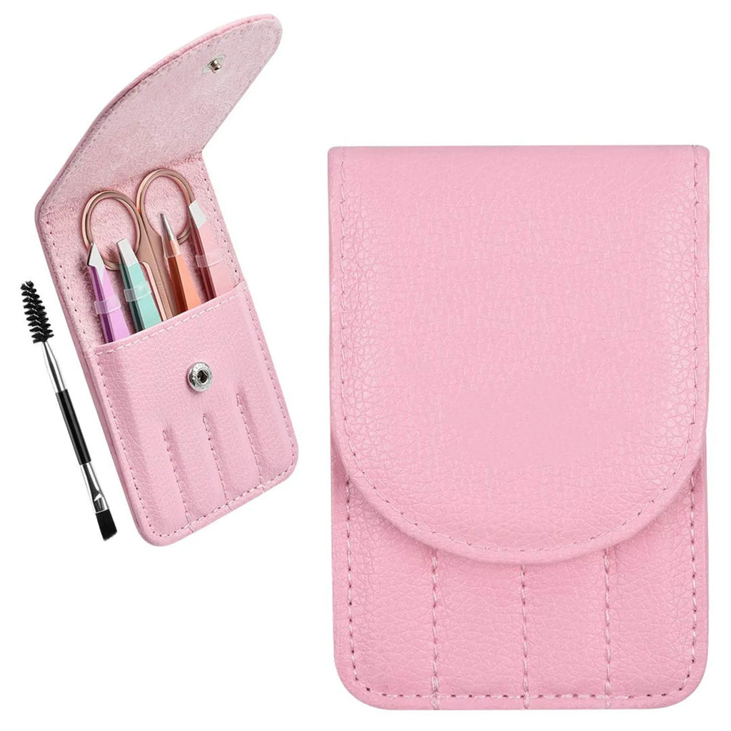 Professional eyebrow tweezers set with four stainless steel tweezers, curved scissors, brush, and leather case.