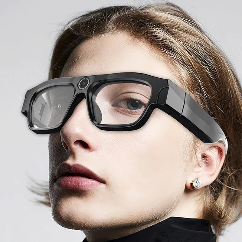 Black smart Bluetooth glasses with video recording capability and transparent lenses