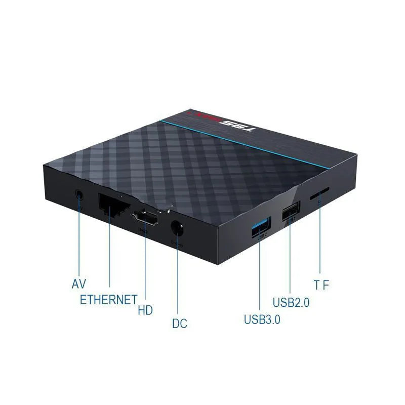 Black T95 Max Plus Android TV Box with remote, showing UK plug power adapter.
