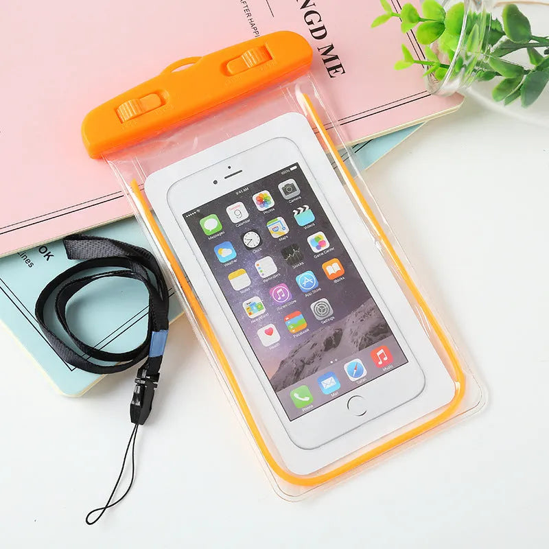 Glow-in-the-dark waterproof phone bag in PVC and ABS, 19x10.5cm, for outdoor rain protection