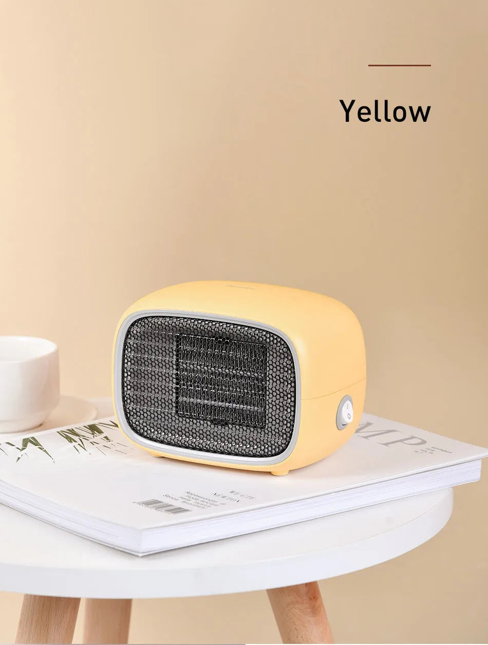 Mini ceramic heater with compact dimensions and green, white, or yellow colour options