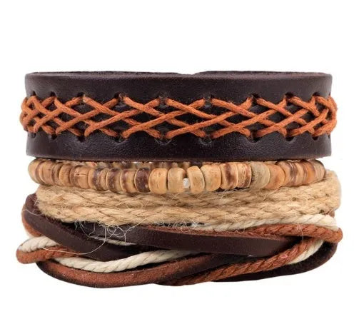 Handmade adjustable leather bead bracelet with multilayer design featuring cowhide leather, wooden beads, and woven ropes