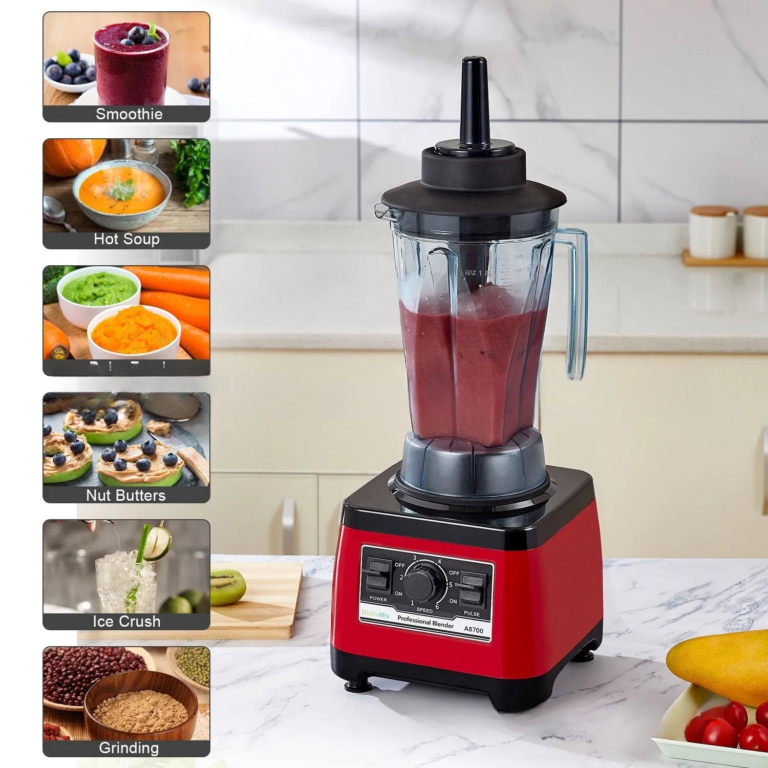Red commercial blender model A8700 with 2200W power and 2L capacity jug
