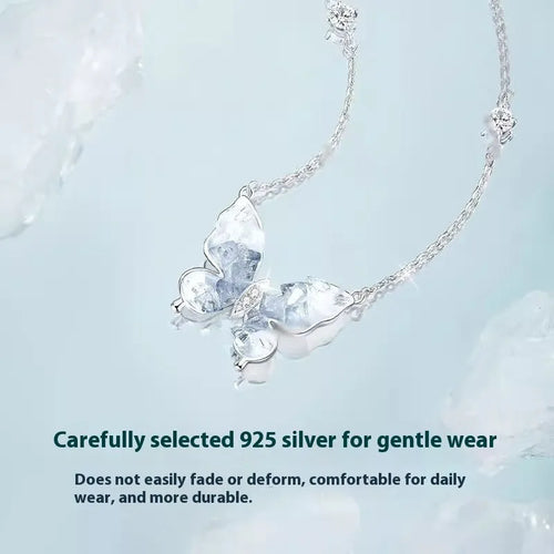 Bingyu butterfly necklace with S925 silver O-ring chain and ice rain butterfly pendant on white background.