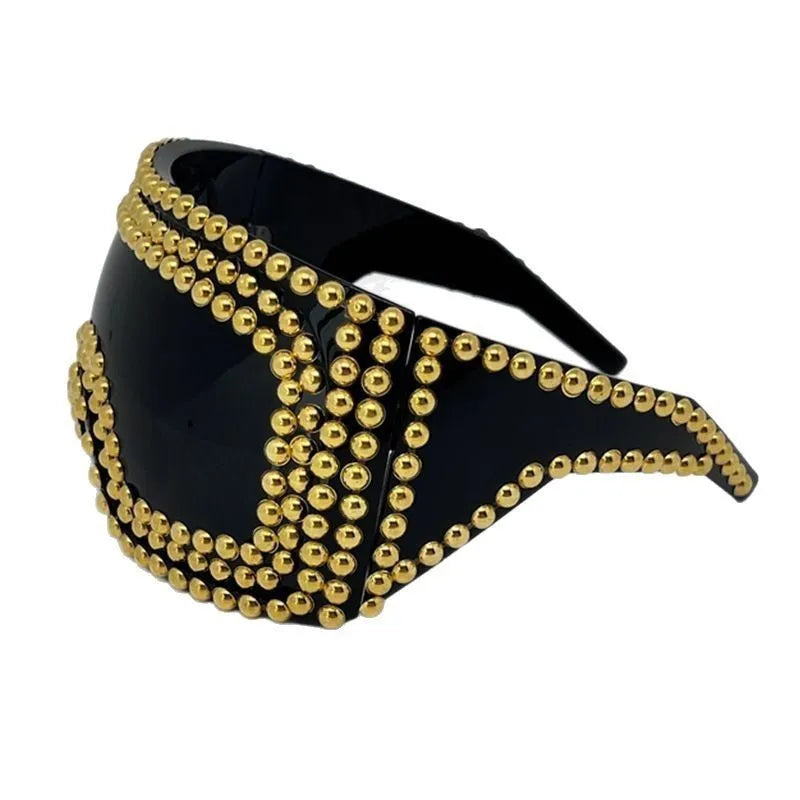 Men's square punk sunglasses with large 145mm frame and silver rivet details on a black background.