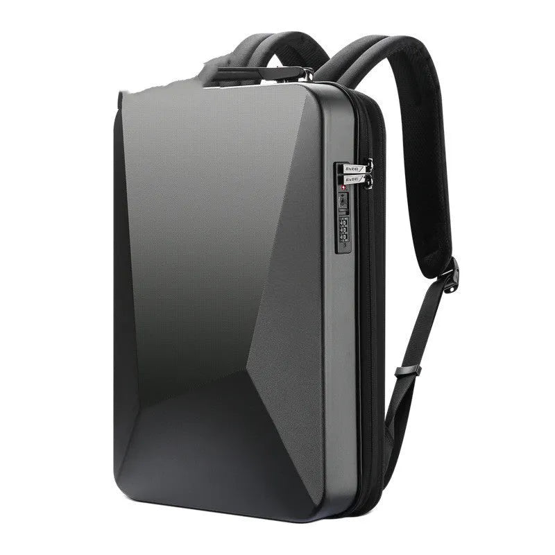 Large black PC hard shell men's backpack with lock, showing laptop compartment and shoulder straps.