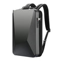 Black hard shell PC backpack with anti-theft lock, open to show laptop compartment and internal pockets.