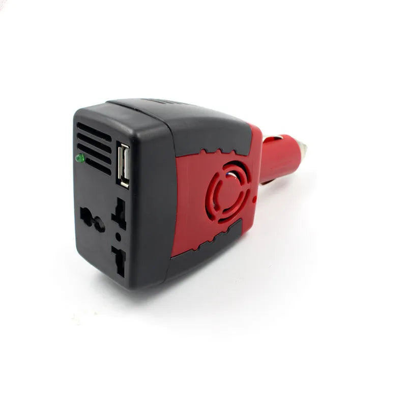 Black and red 150W car power inverter measuring 115x65x41mm converts 12V DC to 110V AC with USB output