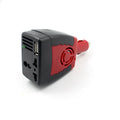 Black and red 150W car power inverter measuring 115x65x41mm converts 12V DC to 110V AC with USB output