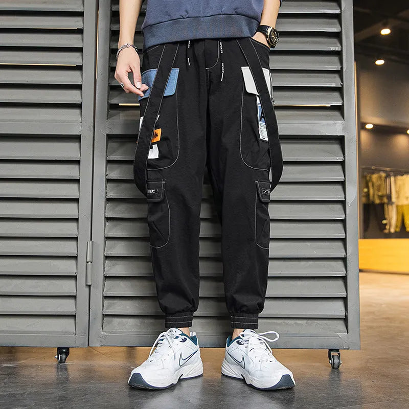 Men's multi-pocket loose fit workwear casual pants in black, grey, and light green with T400 cotton fabric