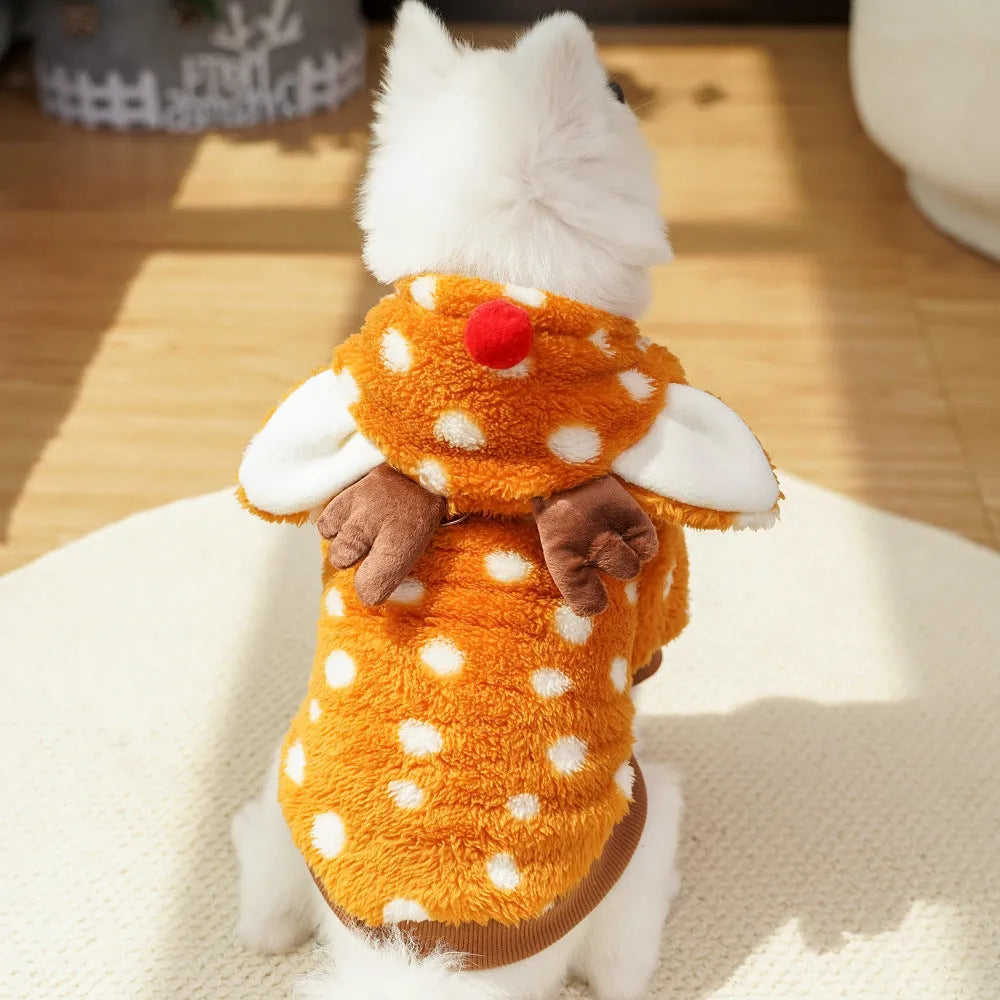 Elk Christmas costume on a medium-sized dog, showing fleece-lined interior and two-legged design.