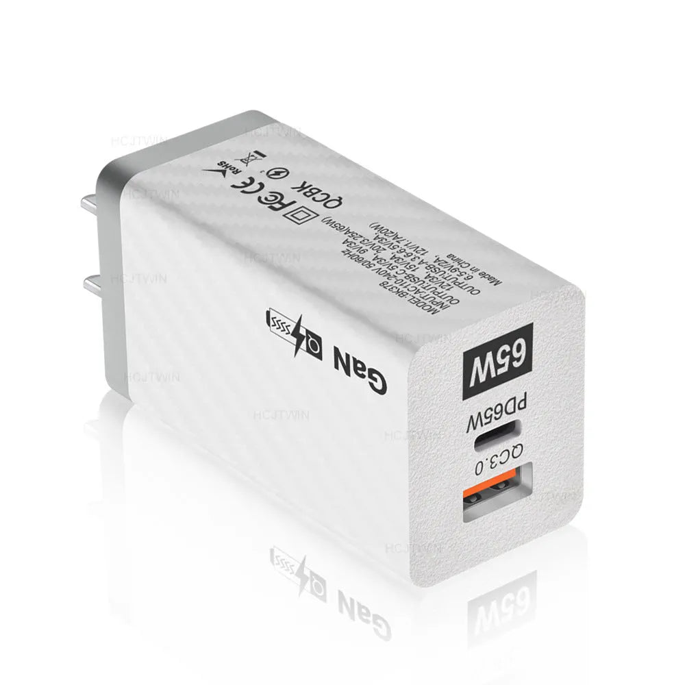 65W Gallium Nitride universal laptop charger in white with USB-C port and compact design