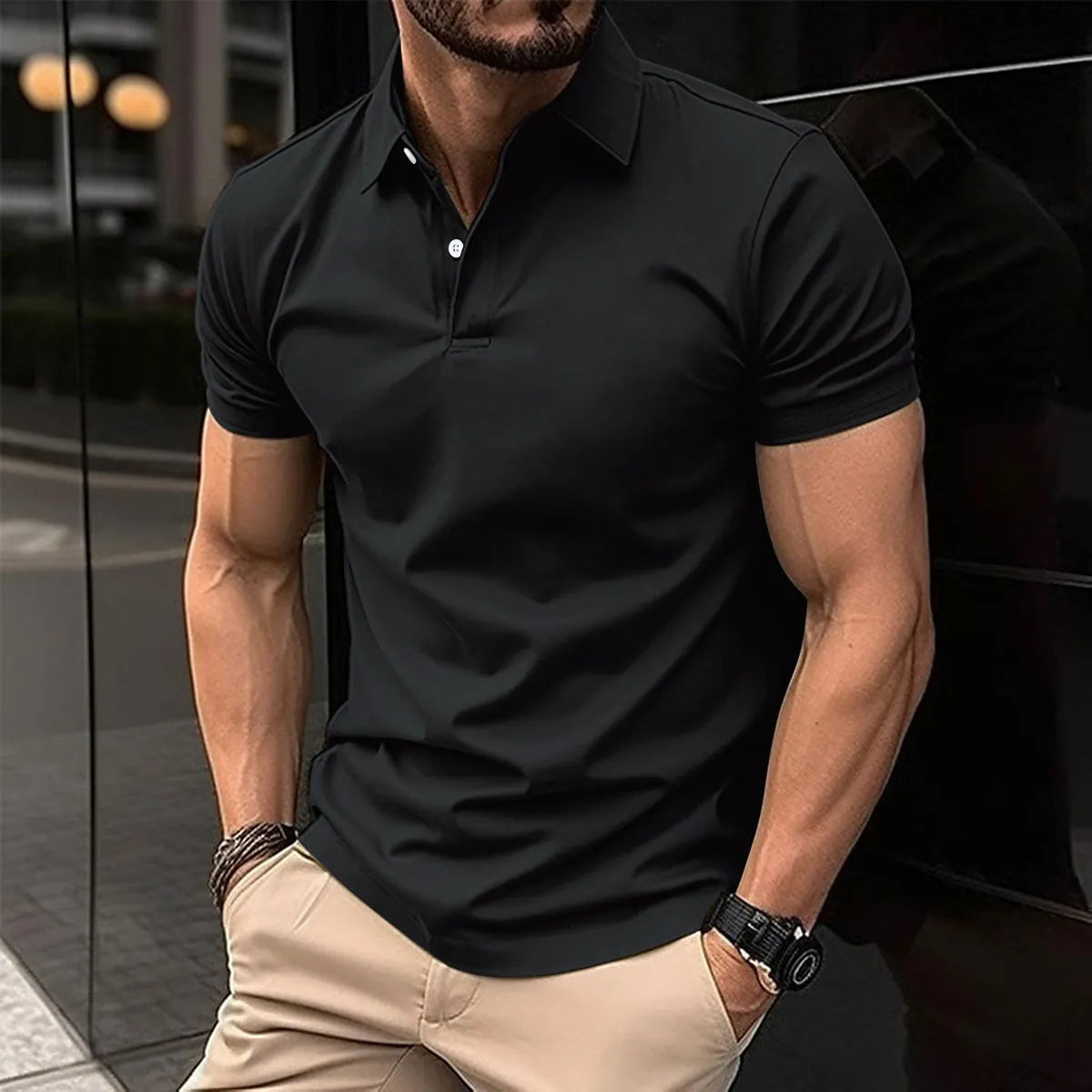 Men's solid colour cotton blend polo shirt with button lapel collar and short sleeves